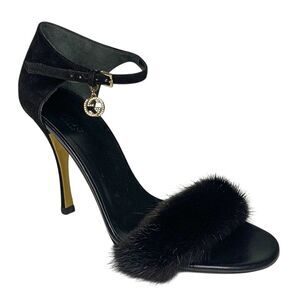 Gucci Black Mink Fur Ankle Strap Sandals GG Crystal Charm Heels Women's US 7.5